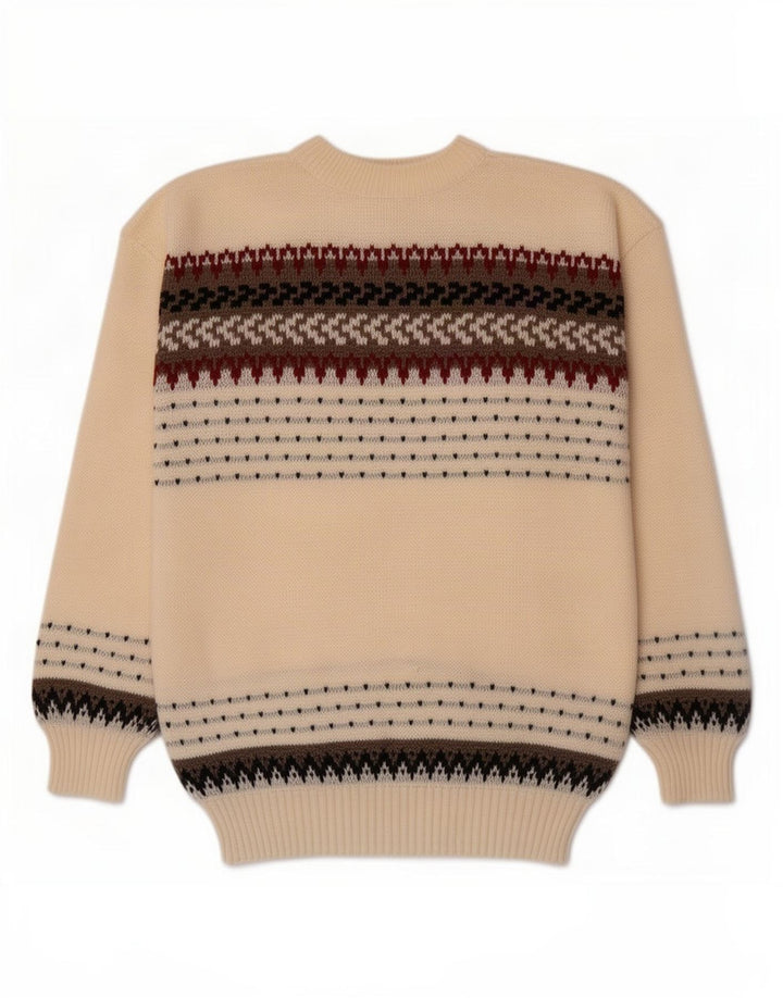 Vintage hombres cuello redondo jersey suéter medio beige rayas