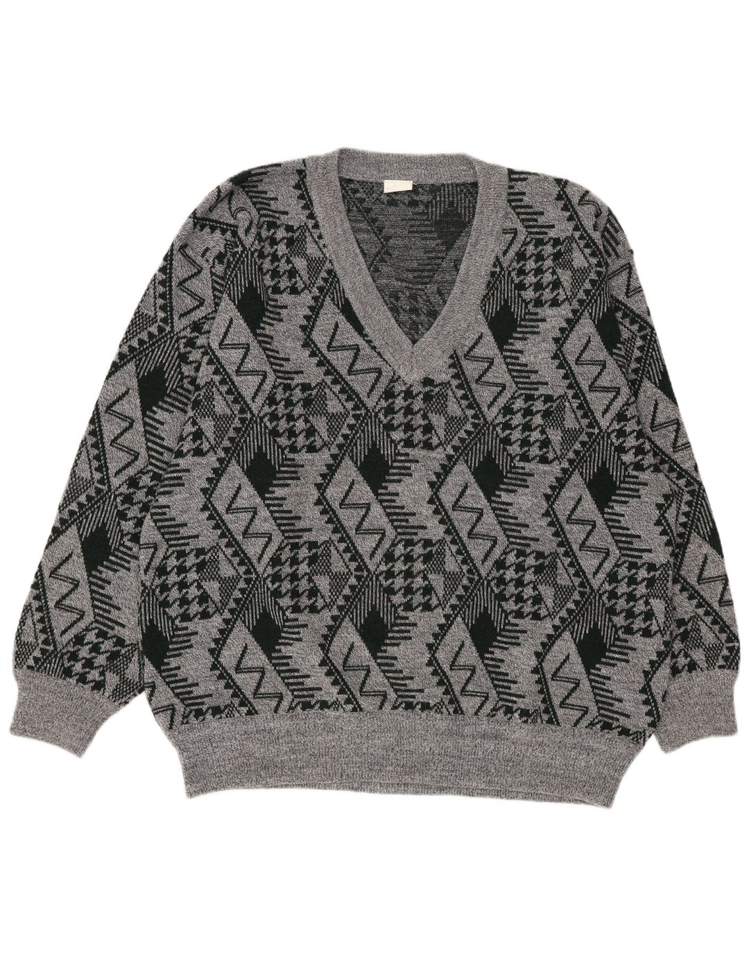 Vintage hombres V-cuello jumper suéter XL gris geométrico