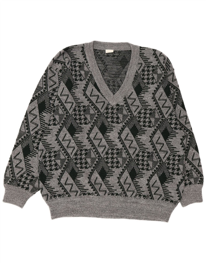 Vintage hombres V-cuello jumper suéter XL gris geométrico