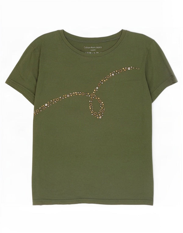 Calvin Klein Camiseta corta gráfica para mujer Top UK 10 Small Green Cotton