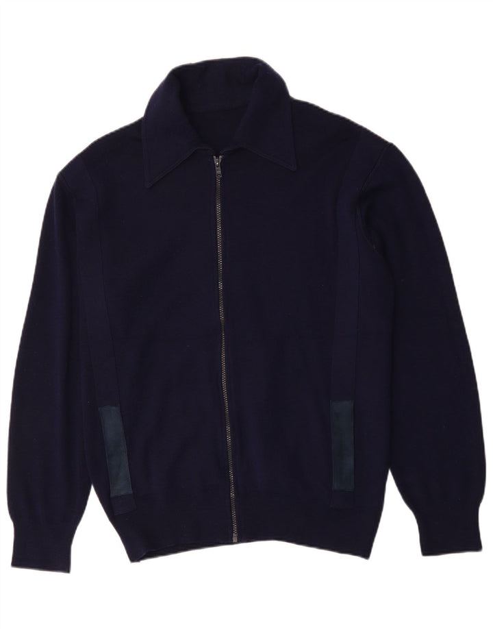 Vintage hombres Cardigan suéter medio azul marino lana