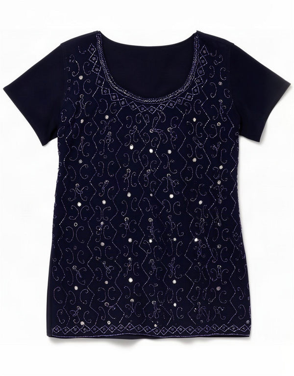 Blusa vintage con estampado abstracto para mujer UK 44 Azul marino mediano