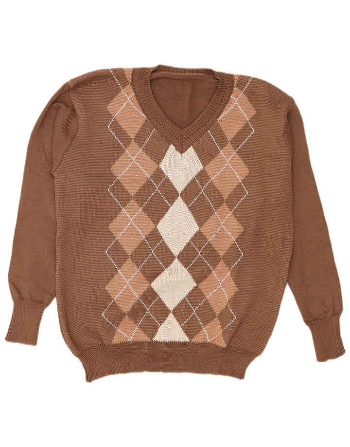 Vintage mujer V-cuello jumper suéter grande marrón Argyle/Diamond poliéster