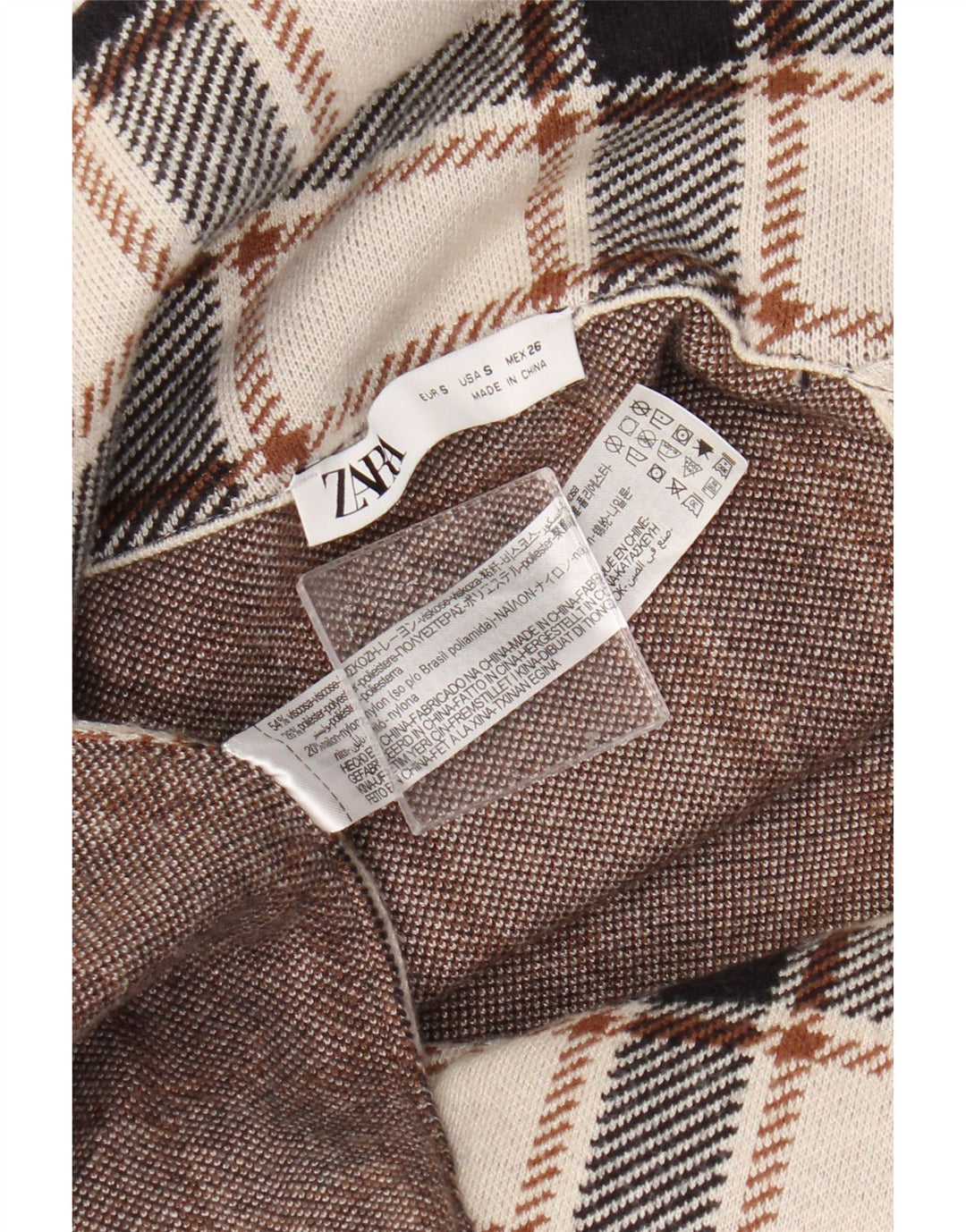 Zara Mujer Abrigo Cruzado UK 40 Small Beige Check Viscosa