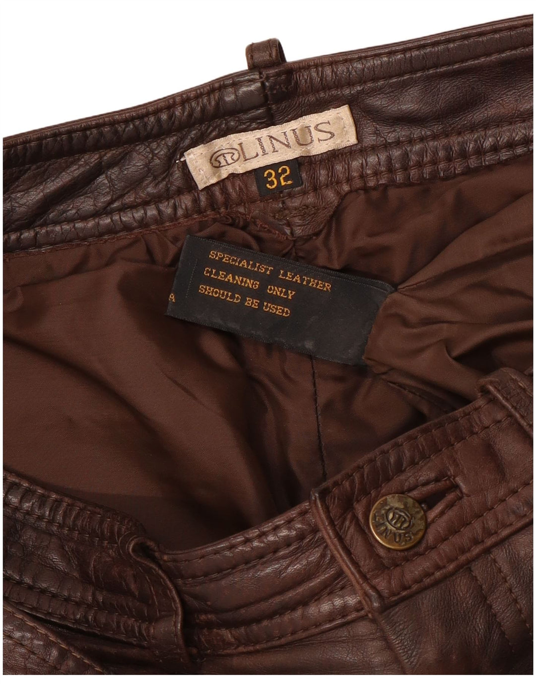 LINUS Pantalones rectos de cuero para hombre W32 L33 Cuero marrón