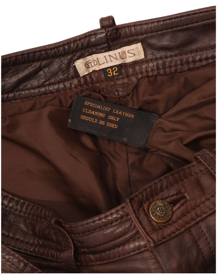 LINUS Pantalones rectos de cuero para hombre W32 L33 Cuero marrón