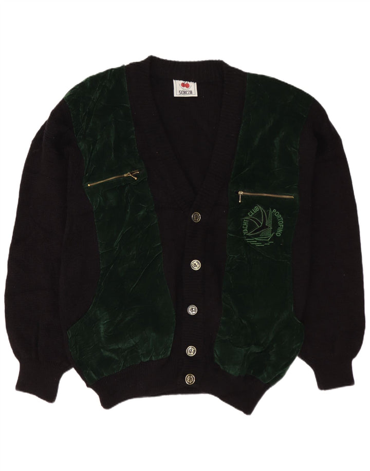 Vintage hombre cardigan suéter XL negro colorblock