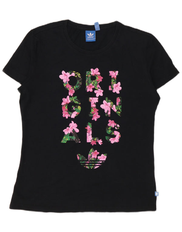 ADIDAS Camiseta gráfica para mujer Top UK 46 Grande Algodón floral negro
