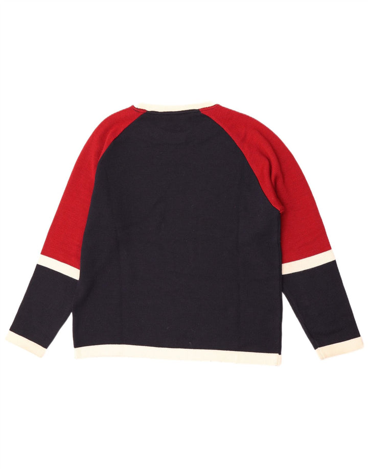 Vintage hombres cuello redondo jersey suéter pequeño azul marino colorblock lana