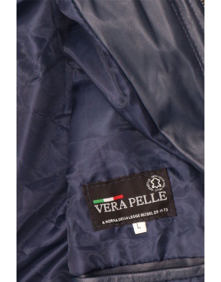 VINTAGE chaqueta de cuero con capucha para mujer Reino Unido 14 cuero azul marino grande