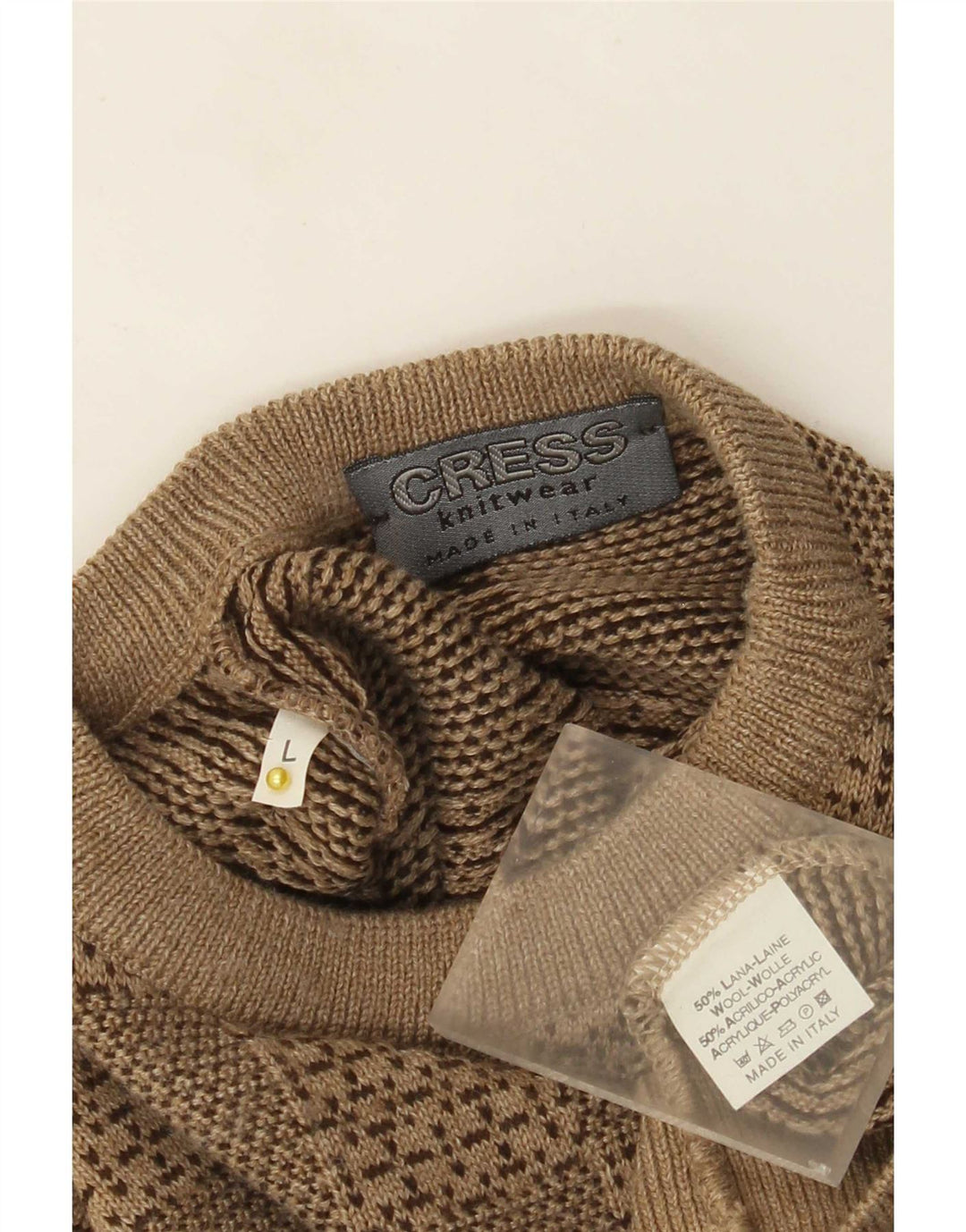 Vintage hombres cuello redondo jersey suéter grande beige lana geométrica
