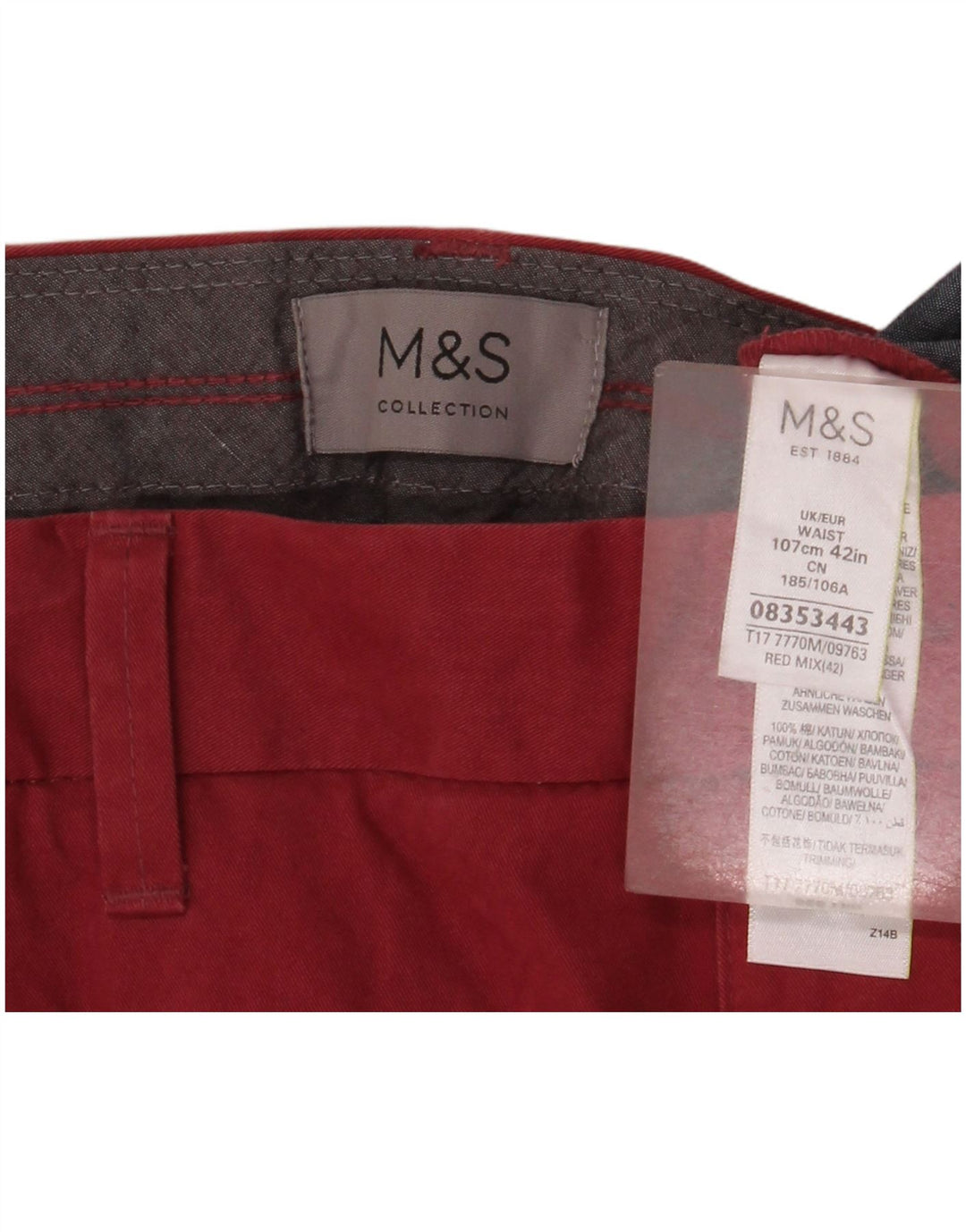 Marks & Spencer Pantalones cortos chinos para hombre W42 2XL Algodón rojo