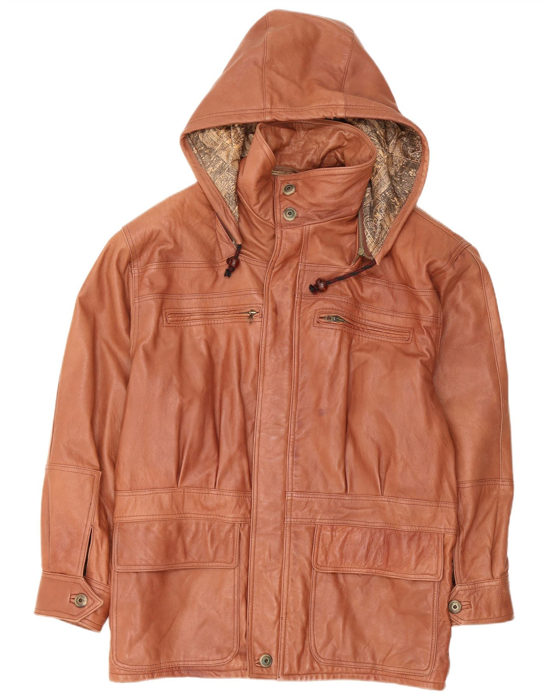 VINTAGE Abrigo de cuero con capucha para hombre IT 48 Cuero marrón medio