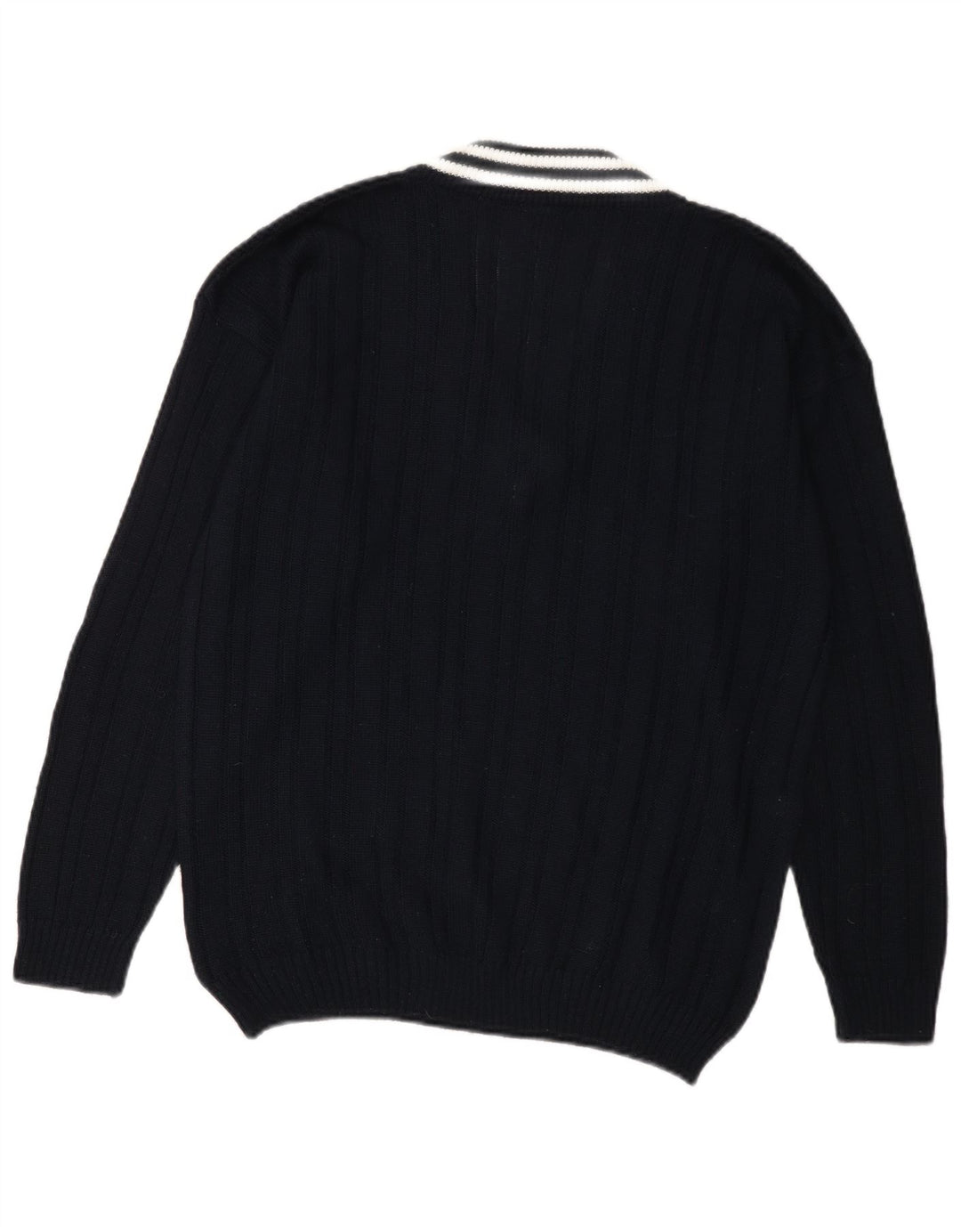 Vintage hombres V-cuello jumper suéter grande azul marino acrílico
