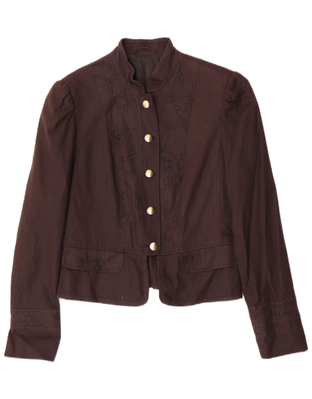 Vintage mujer 5 botones Blazer chaqueta Reino Unido 10 pequeño marrón floral lino