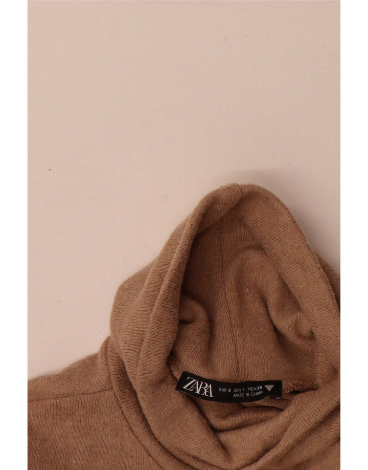 Zara Mujer Vestido Jersey Con Cuello Vuelto UK 8 Small Marrón Poliéster