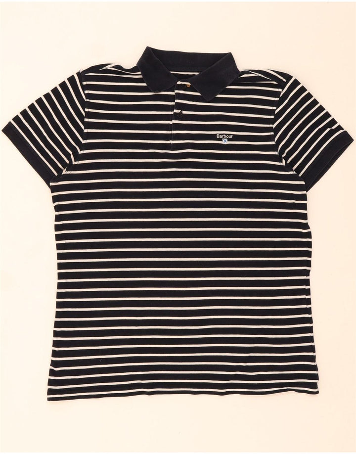 BARBOUR Mens Polo Shirt Medium Navy Blue Striped Cotton Vintage Barbour and Second-Hand Barbour from Messina Hembry 