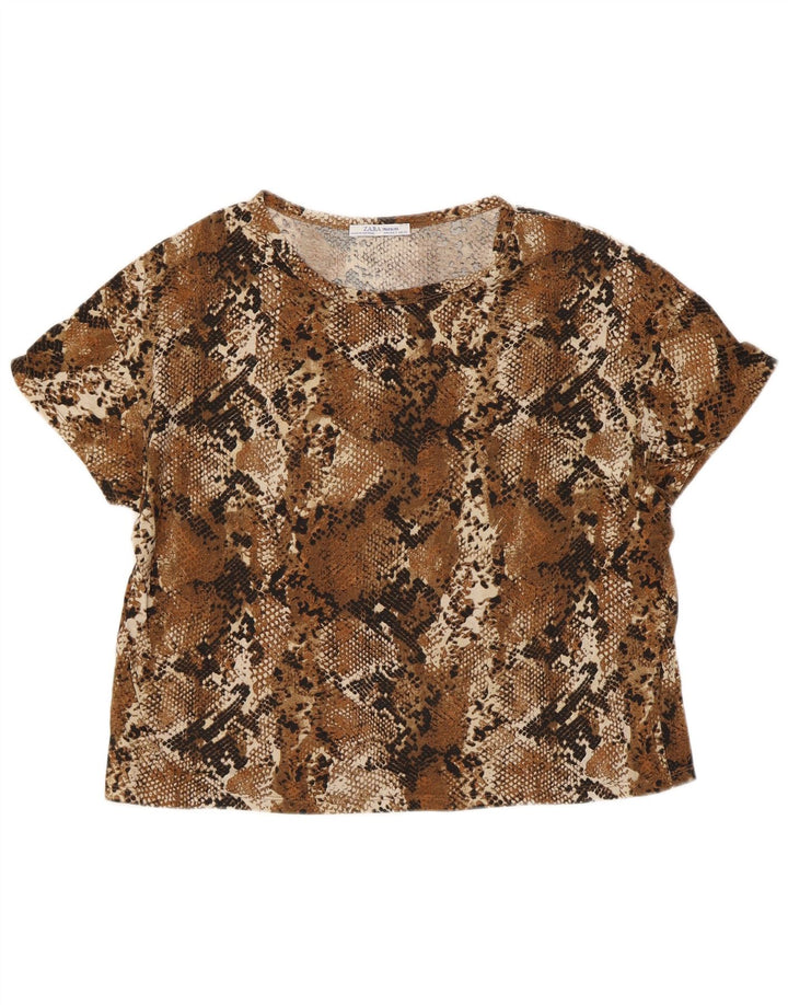 ZARA Mujer Camiseta Corta Extragrande UK 10 Small Marrón Estampado Animal