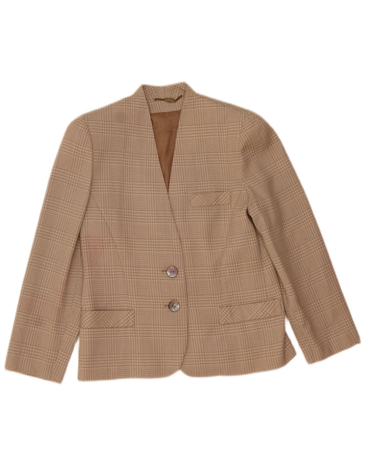 Vintage mujer 2 botones Blazer chaqueta IT 44 lana de pata de gallo beige medio