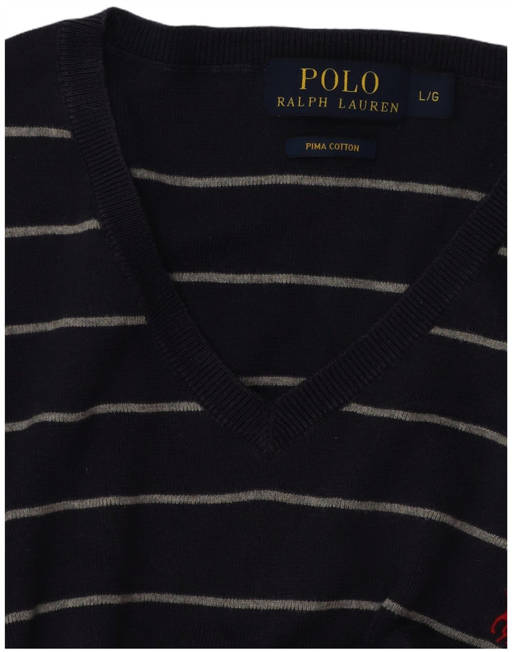 POLO RALPH LAUREN Jersey con cuello en V para hombre Suéter grande azul marino a rayas
