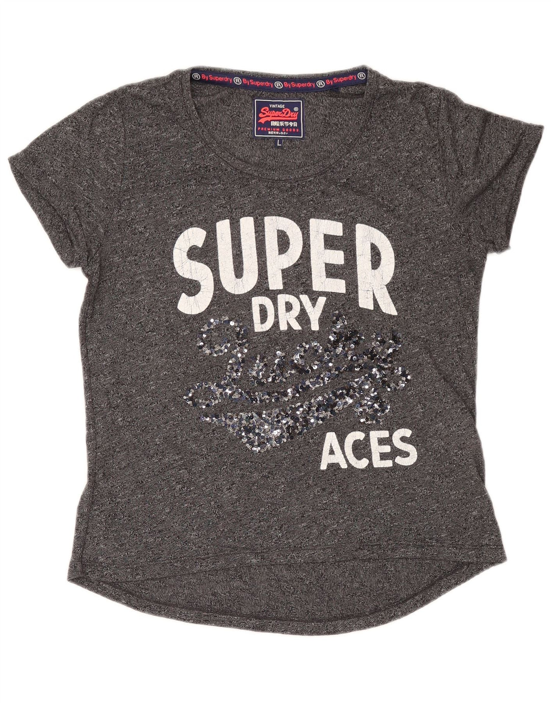 Superdry Mujer Camiseta Gráfica Top UK 46 Large Gris Moteado Algodón