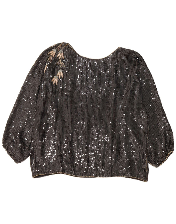 Blusa vintage de manga larga de gran tamaño para mujer Top EU 44/46 XL Negro Floral