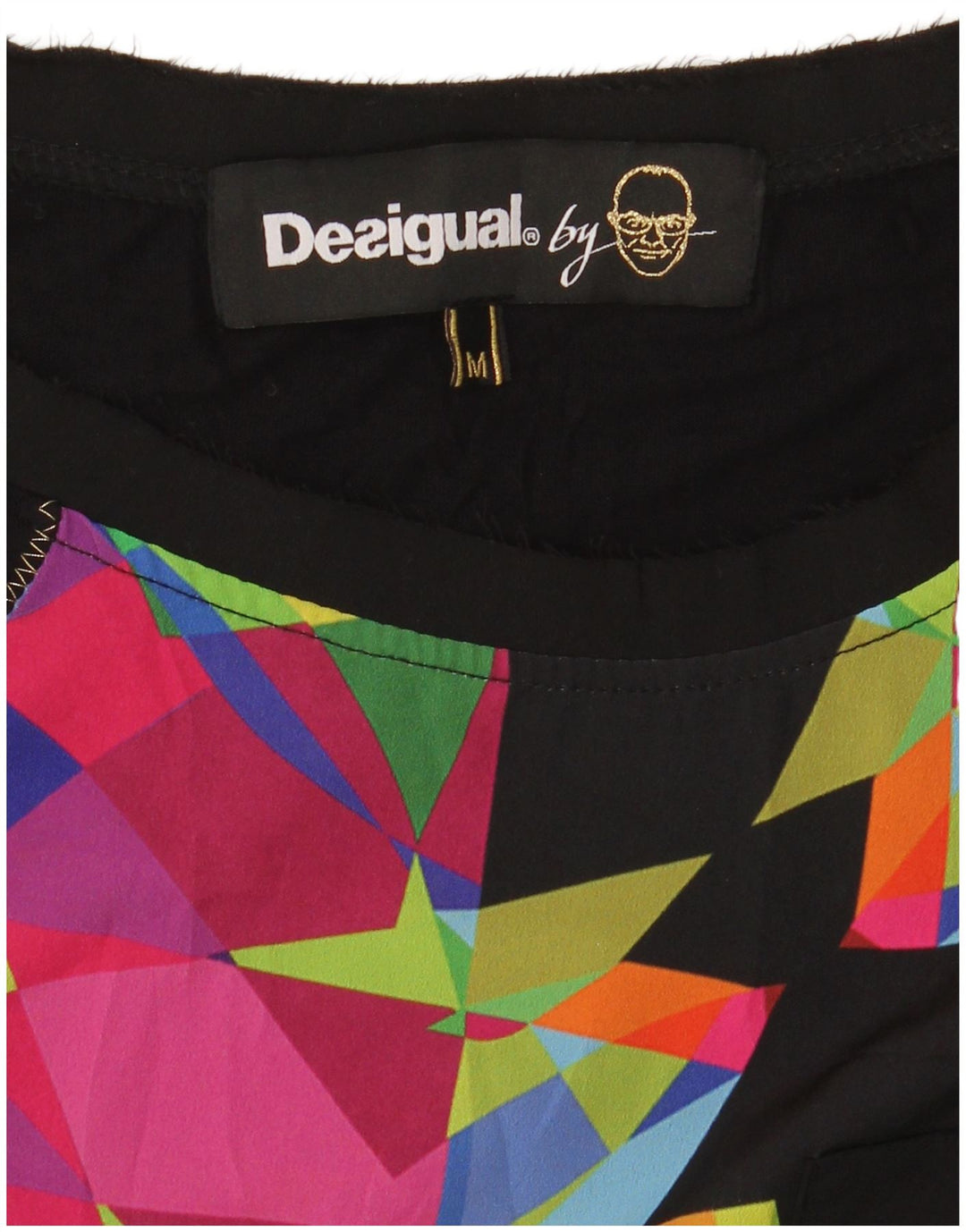 Desigual Mujer Camiseta Top UK 12 Medium Negro Geométrico