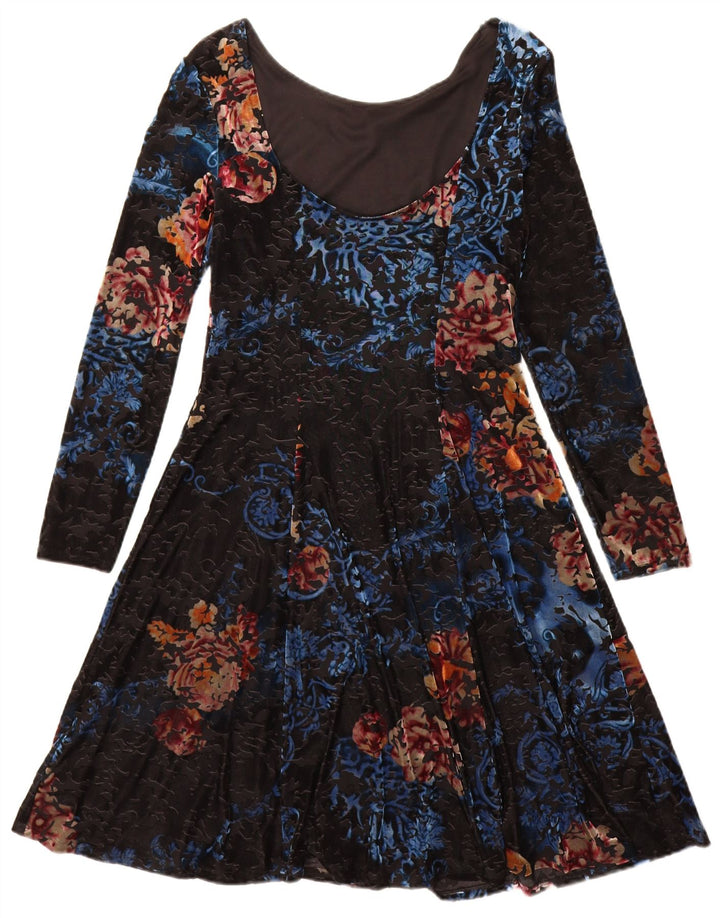 Monsoon Vestido acampanado de manga larga para mujer UK 40 Mediano Poliéster floral negro