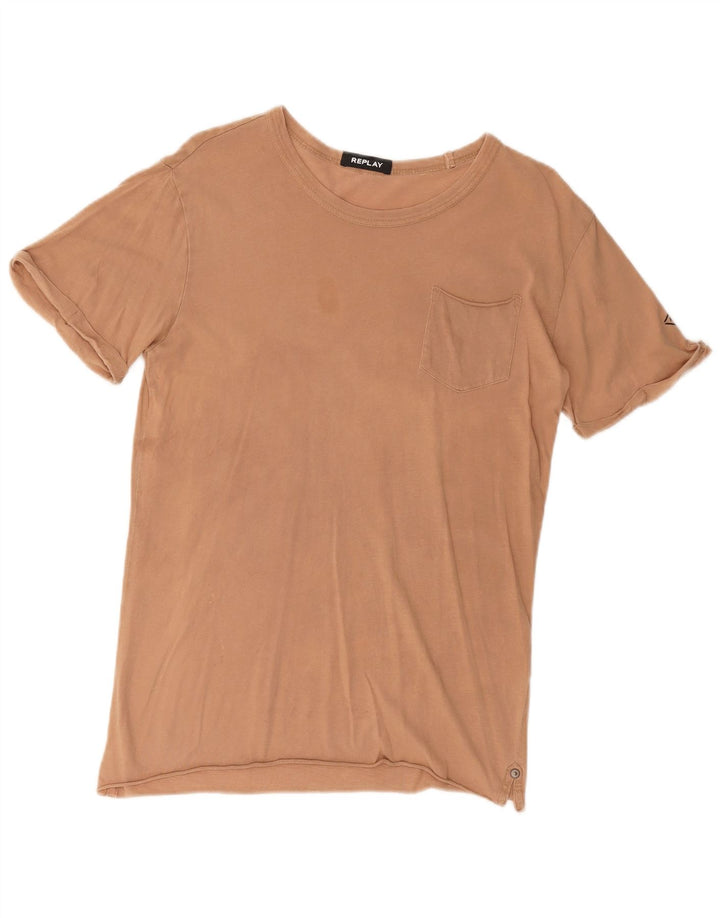 REPLAY Mens Graphic T-Shirt Top Small Beige Cotton