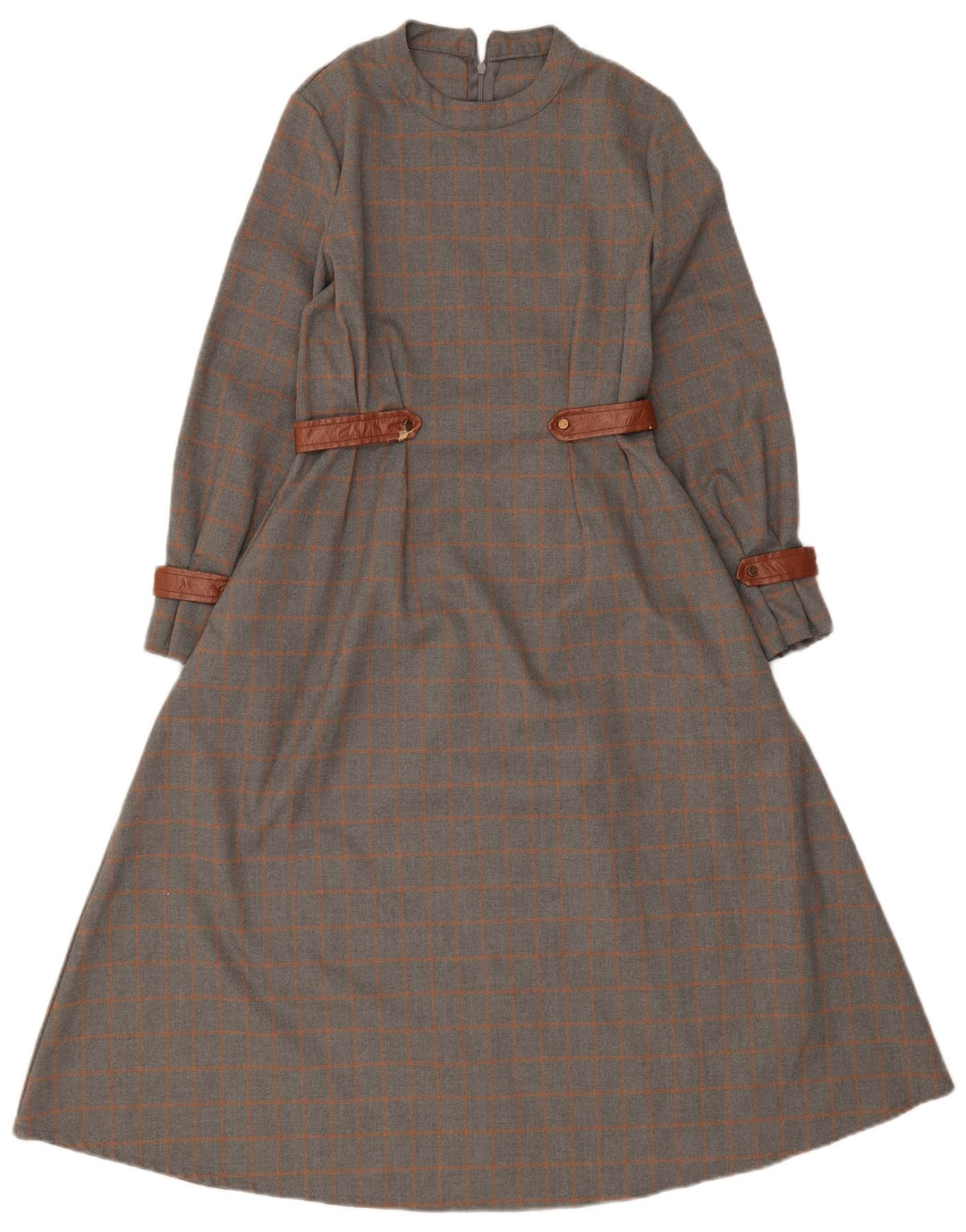 Vintage mujer manga larga Maxi vestido Reino Unido 10 pequeño gris cheque