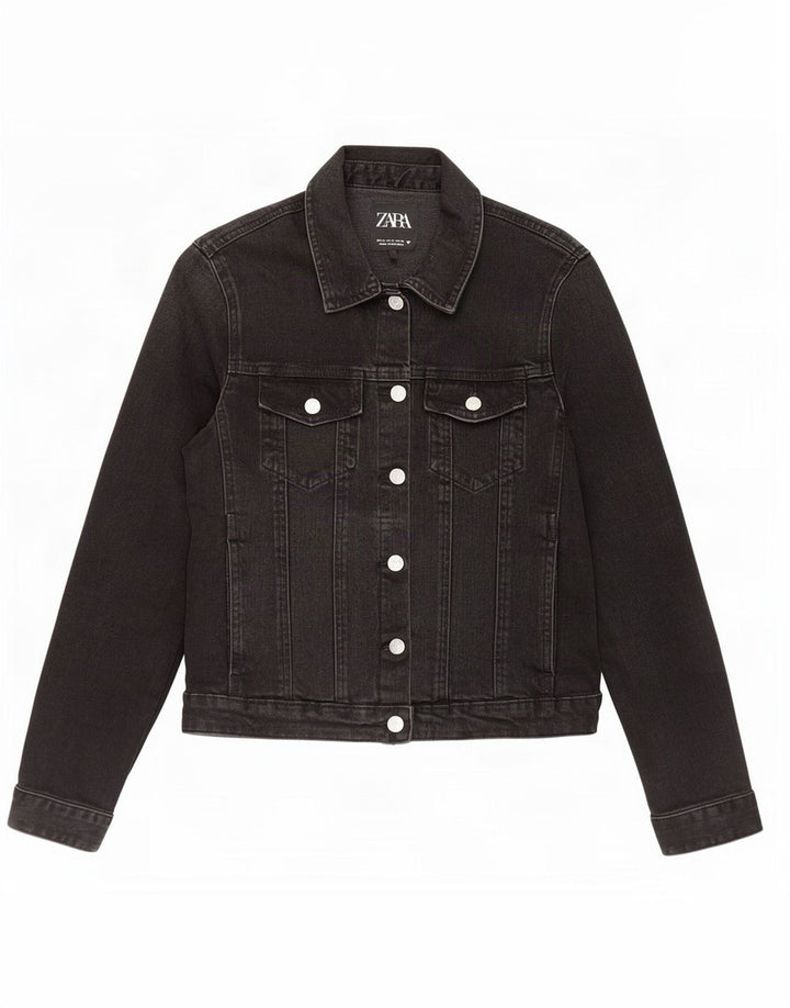 Zara Mujer Crop Denim Chaqueta UK 44 Grande Negro