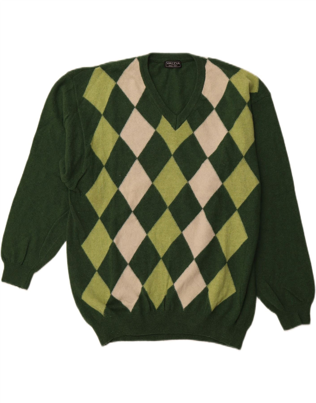 VALDA Jersey con cuello en V para hombre, talla grande, verde Argyle/lana de diamante
