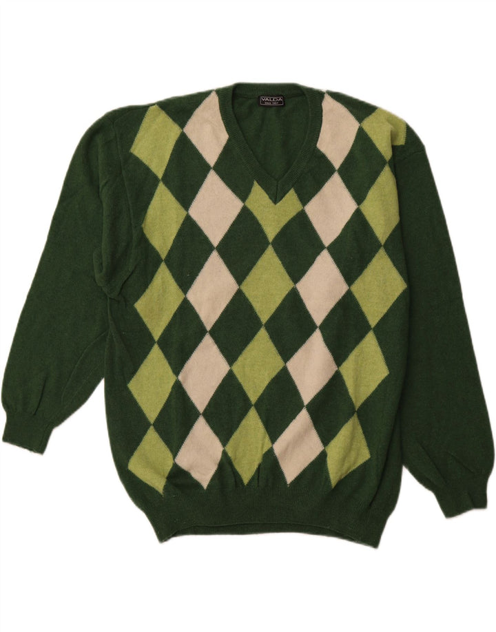 VALDA Jersey con cuello en V para hombre, talla grande, verde Argyle/lana de diamante