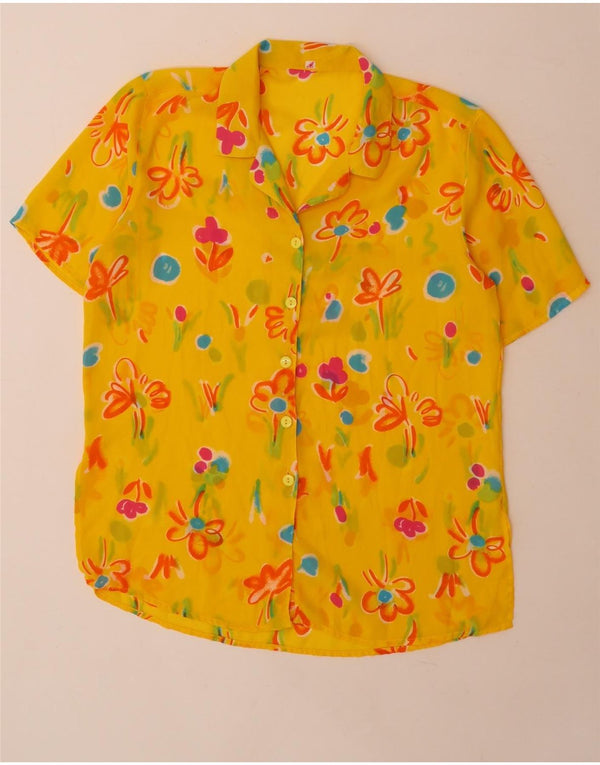 Vintage mujeres ver a través de camisa de manga corta blusa grande amarillo floral