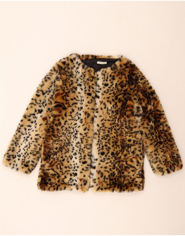 Vintage mujer abierta chaqueta de piel sintética Reino Unido 14 marrón medio estampado animal
