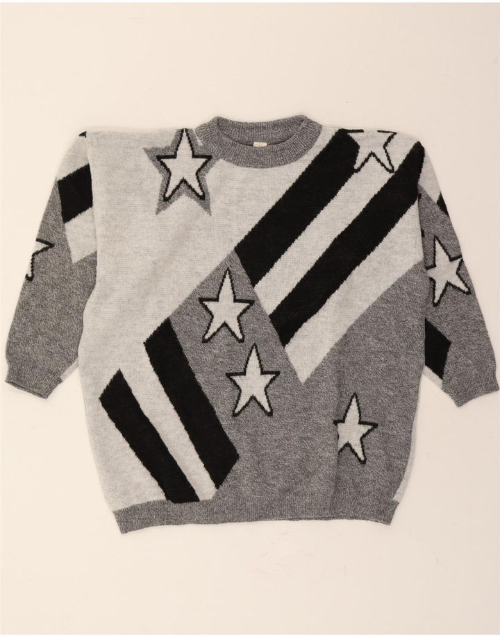 VINTAGE Womens Oversized Crew Neck Jumper Sweater EU 42 Large Grey Striped Vintage Vintage and Second-Hand Vintage from Messina Hembry 