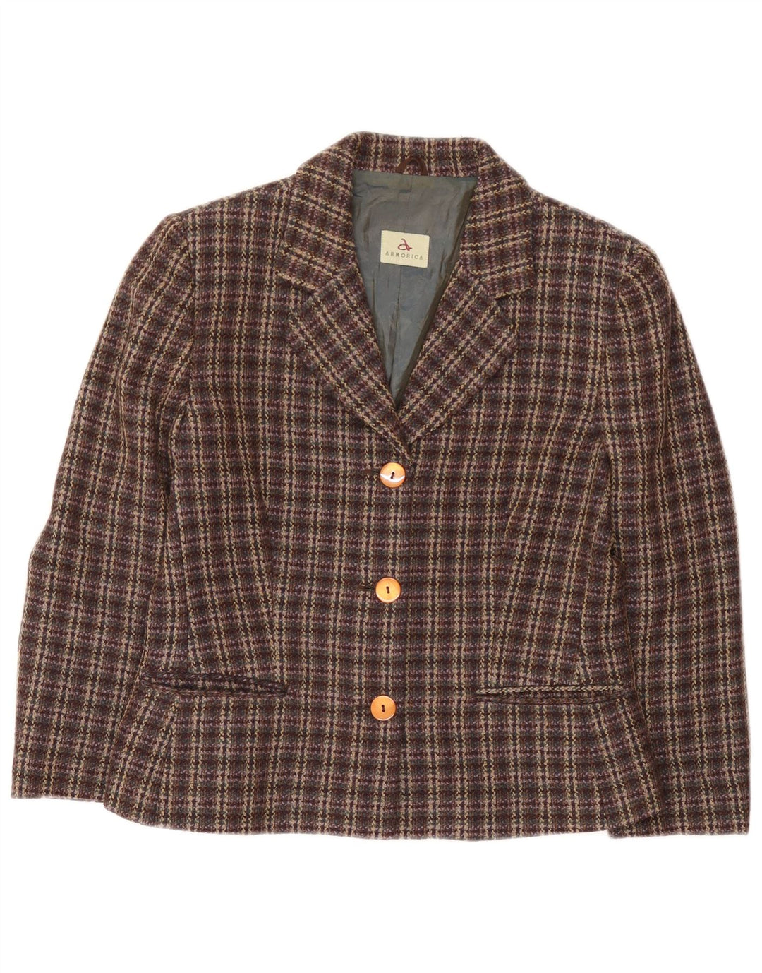 Armórica Chaqueta Blazer De 3 Botones Para Mujer IT 44 Lana A Cuadros Marrón Medio