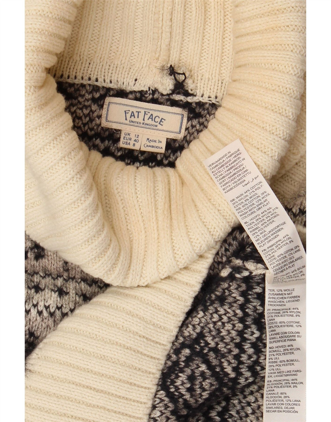 FAT FACE Suéter tipo jersey con cuello vuelto para mujer Reino Unido 40 Gris medio Fair Isle