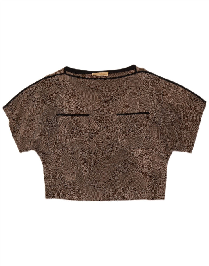 Vintage mujer crop blusa Top Reino Unido 14 marrón medio manchado seda
