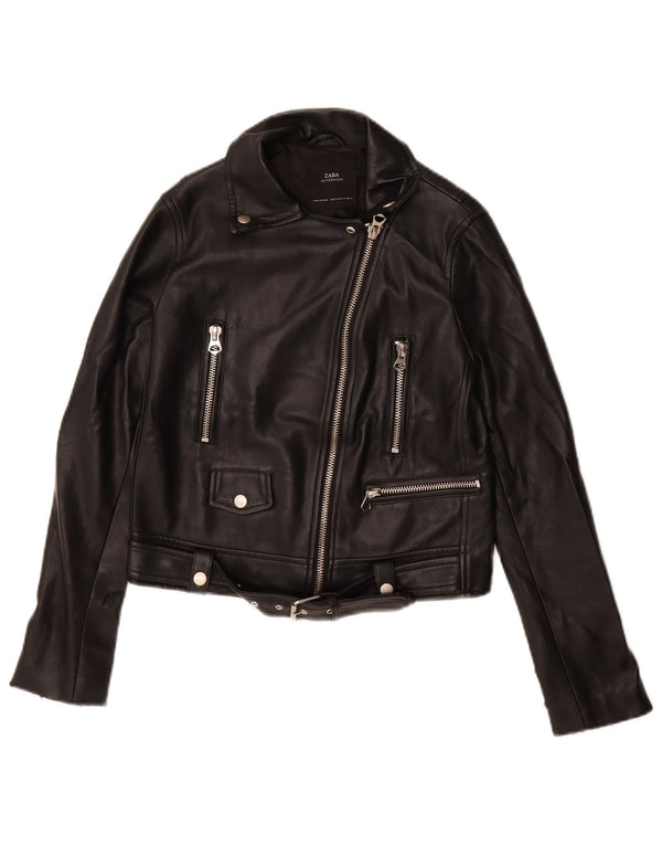 Zara Mujer Chaqueta Motera De Piel Sintética UK 6 XS Poliuretano Negro