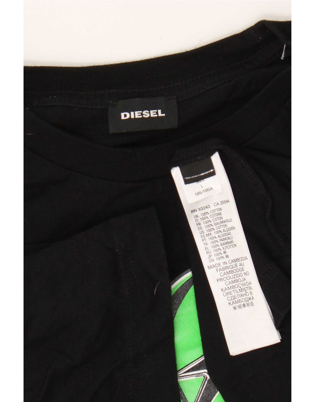 Diesel Hombre Camiseta Gráfica Top Grande Algodón Negro
