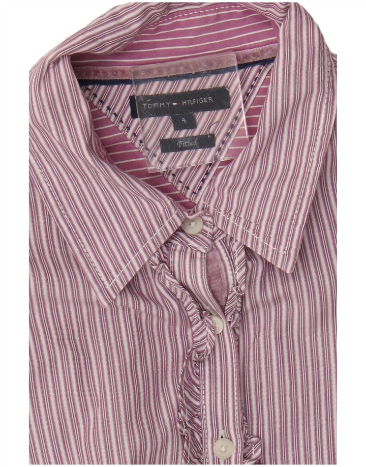 Tommy Hilfiger Camisa ajustada con volantes en la parte delantera para mujer US 4 Small Púrpura Rayas