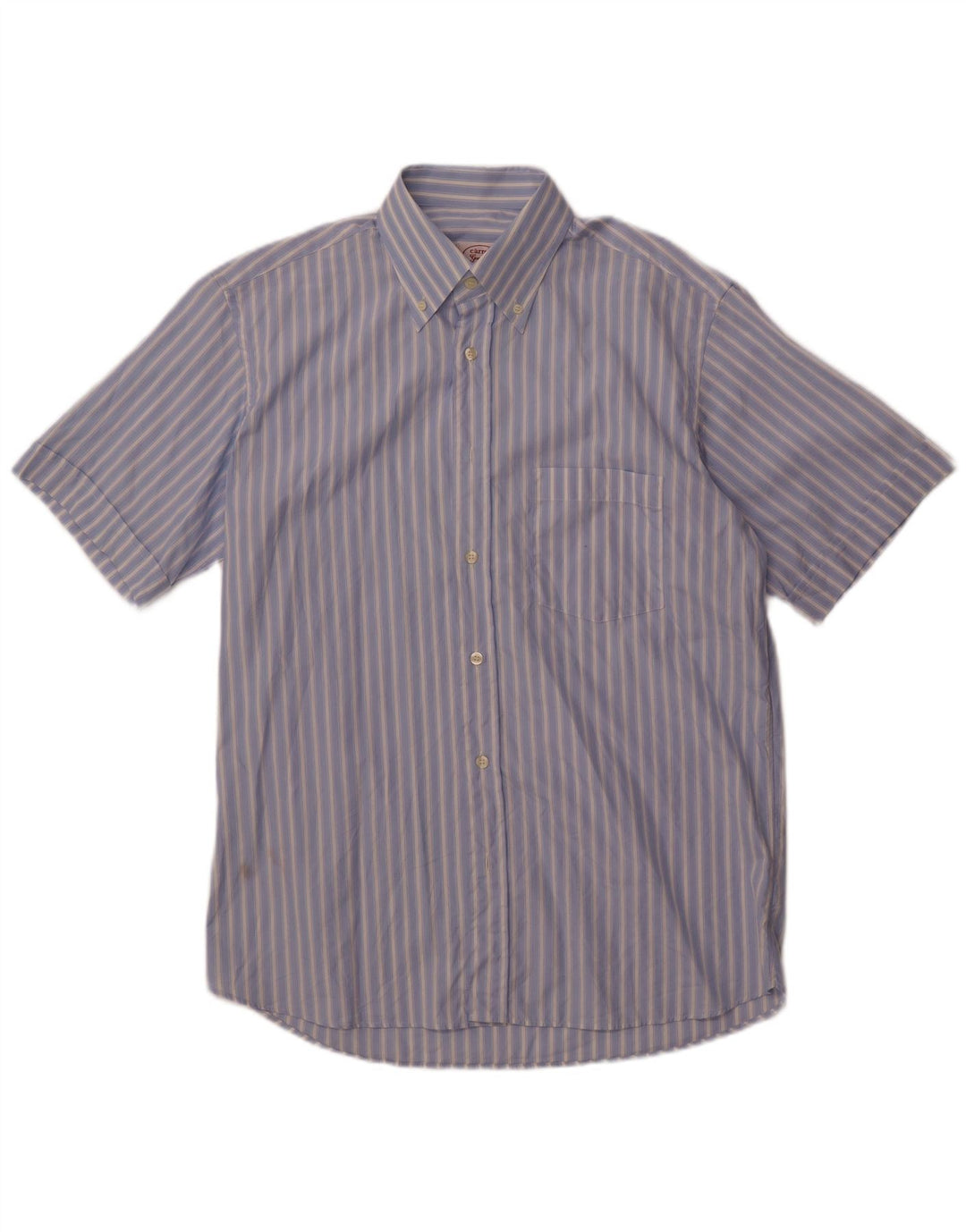 Carrel Camisa Manga Corta Hombre Talla 40 15 1/2 Algodón Rayas Azul Medio