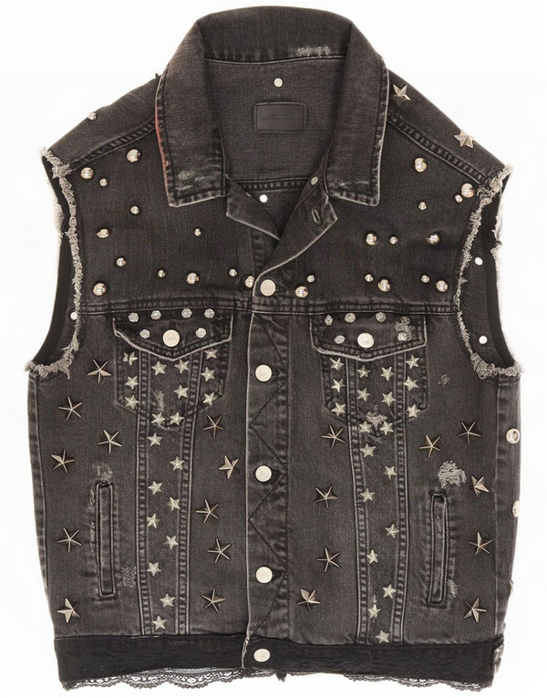 Zara Chaleco vaquero desgastado Motorstyle para mujer UK 40 Small Grey Spotted