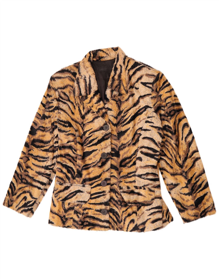 Vintage mujer 4 botones Blazer chaqueta Reino Unido 12 marrón medio estampado animal