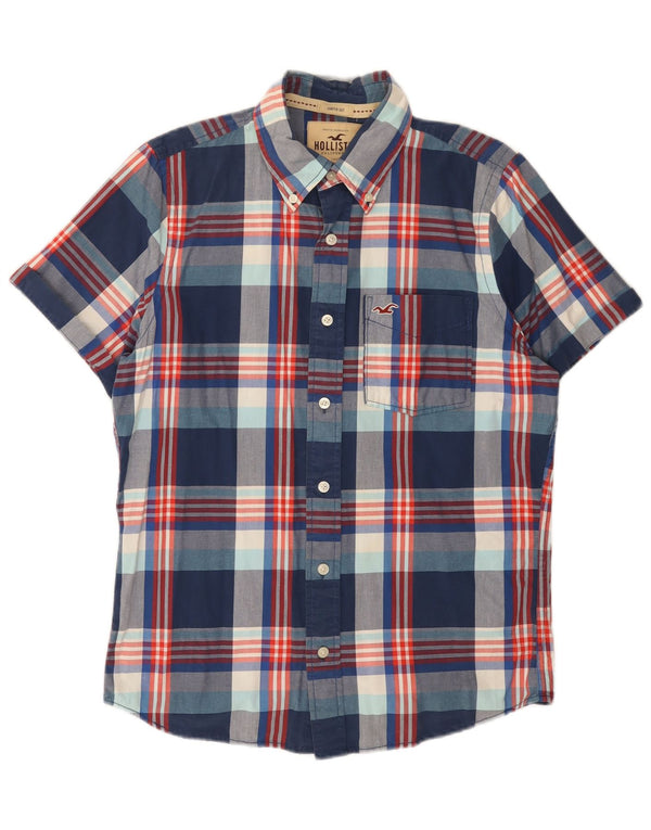 Camisa Hollister Hombre Manga Corta Algodón A Cuadros Azul Marino Mediano