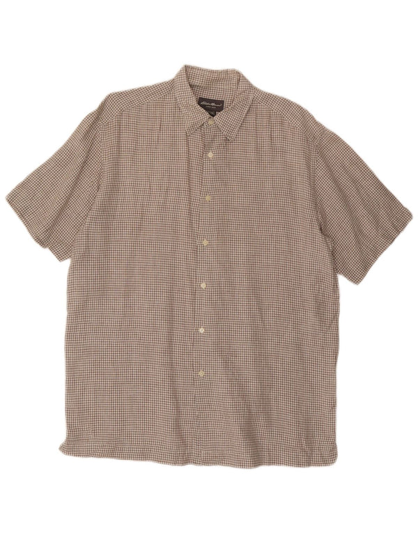 EDDIE BAUER Camisa alta de manga corta para hombre de lino a cuadros marrón grande