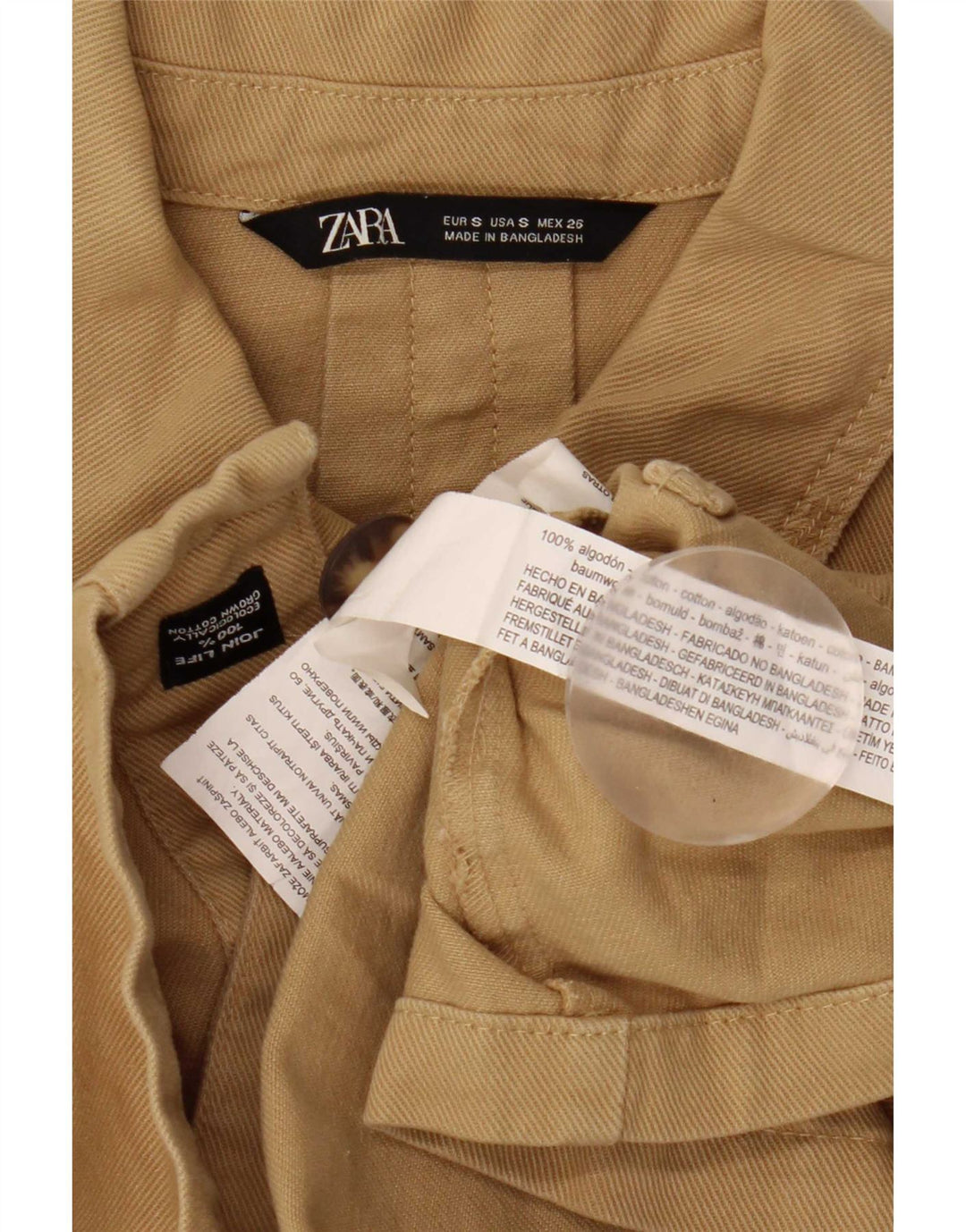 Zara Chaqueta utilitaria extragrande de manga 3/4 para mujer UK 10 Small Beige Cotton