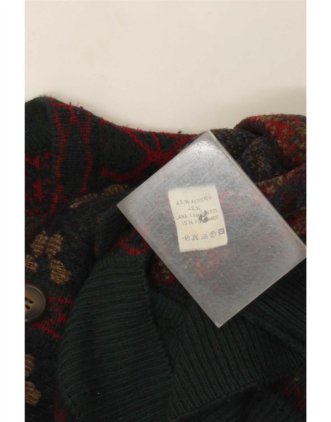 Vintage hombres Cardigan suéter grande multicolor Fair Isle acrílico