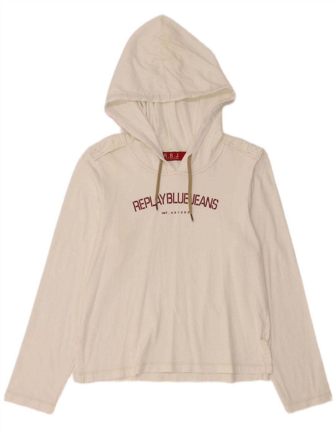 REPLAY Top gráfico con capucha para mujer, manga larga, talla 40, talla grande, algodón blanco